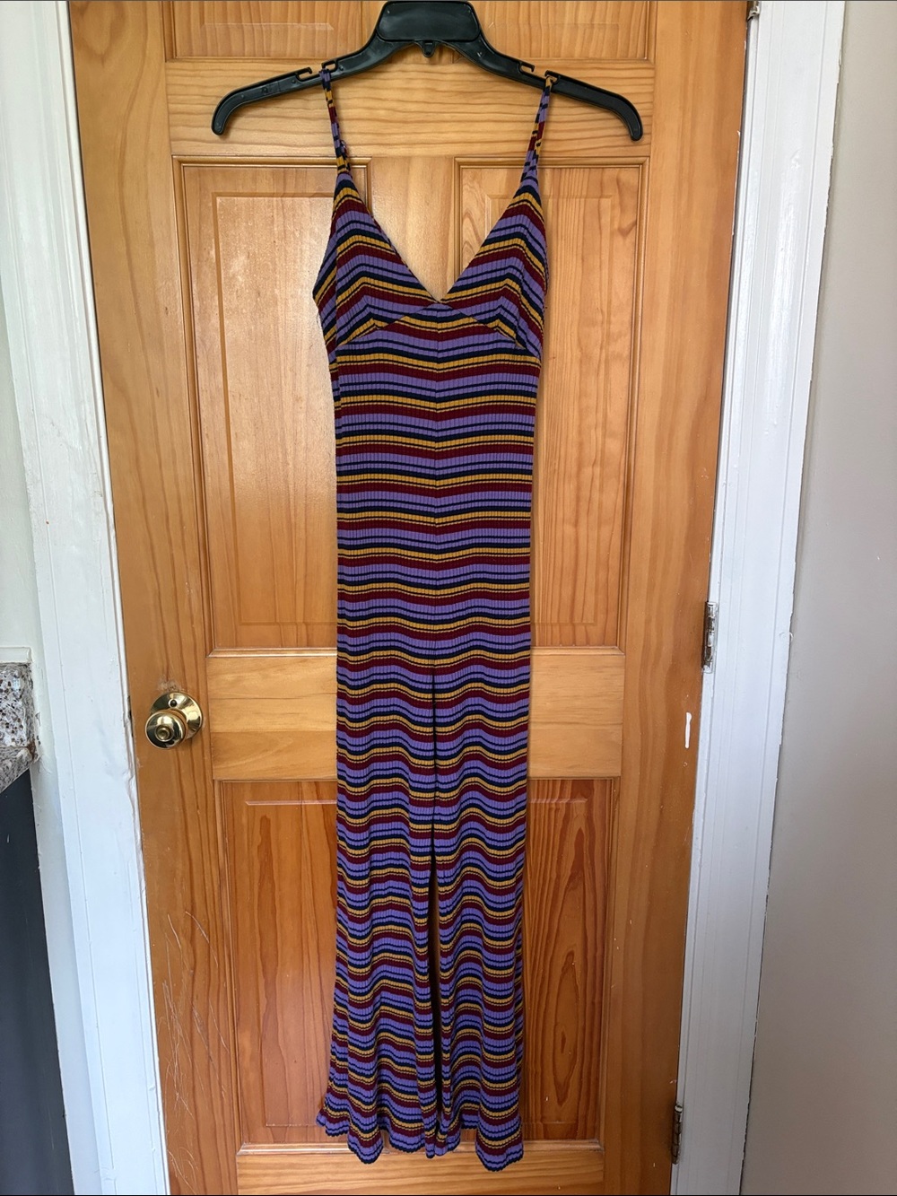 Striped Knit Junpsuit in Purple, Black, Mustard